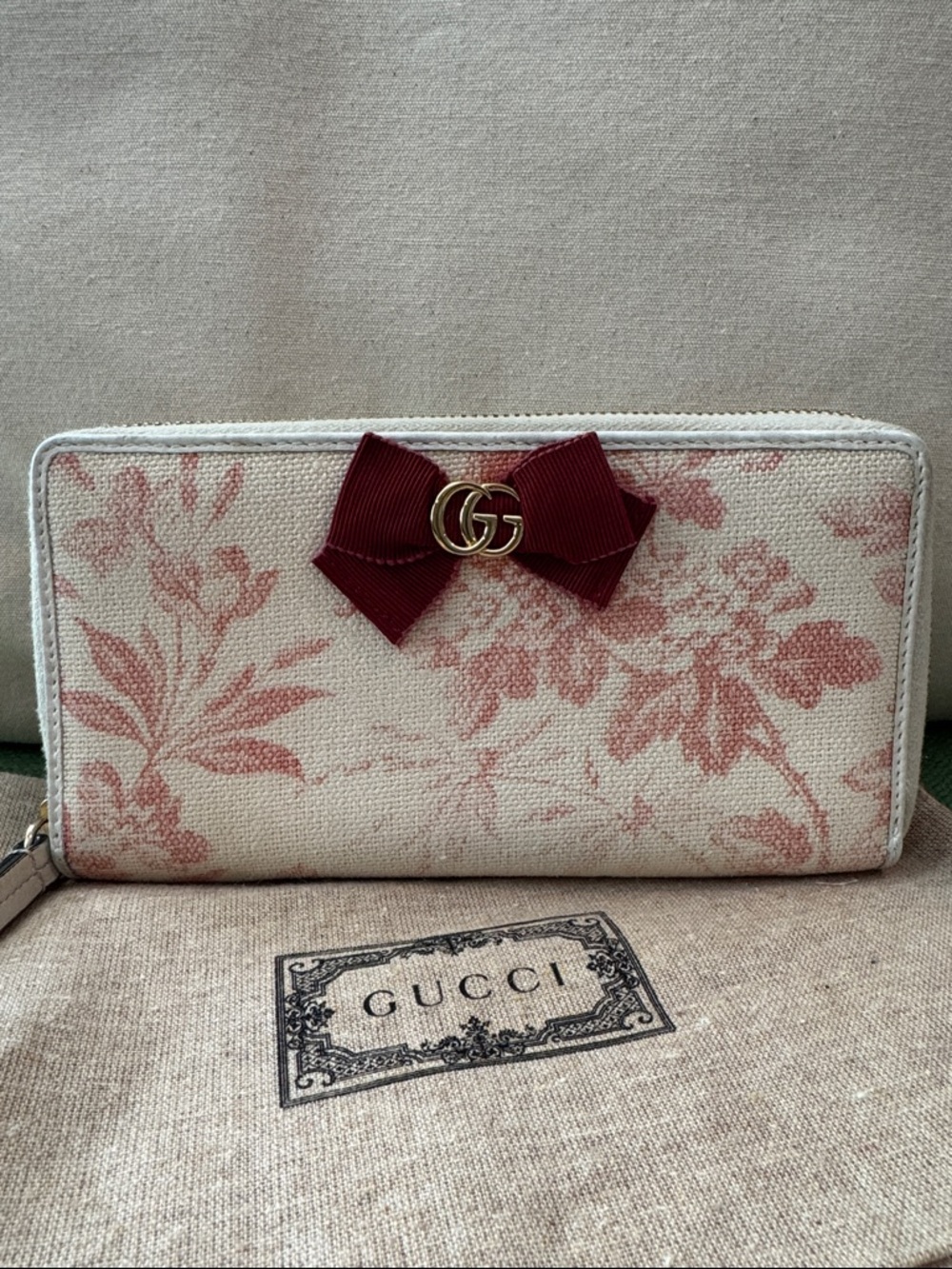Gucci Pink Floral Canvas Zip Wallet with Burgundy Bow